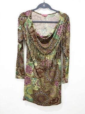 Boho Fringe Long Sleeve Top in Green and Purple - Designer Label